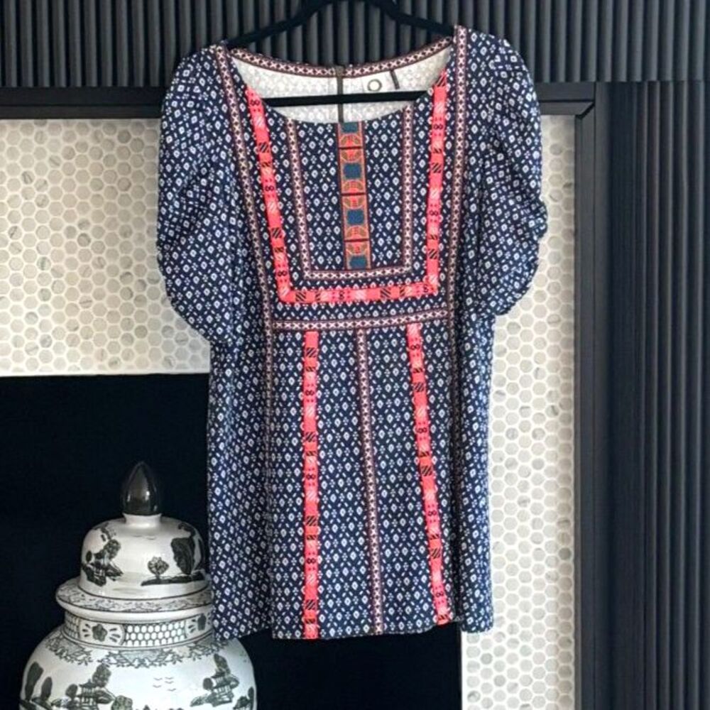 Anthropologie Akemi + Kin Seva Embroidered Boho Tunic Mini Dress Sleeve - Size M